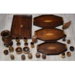 19thC mahogany tray, set of three octagonal trays, turned treen items etc