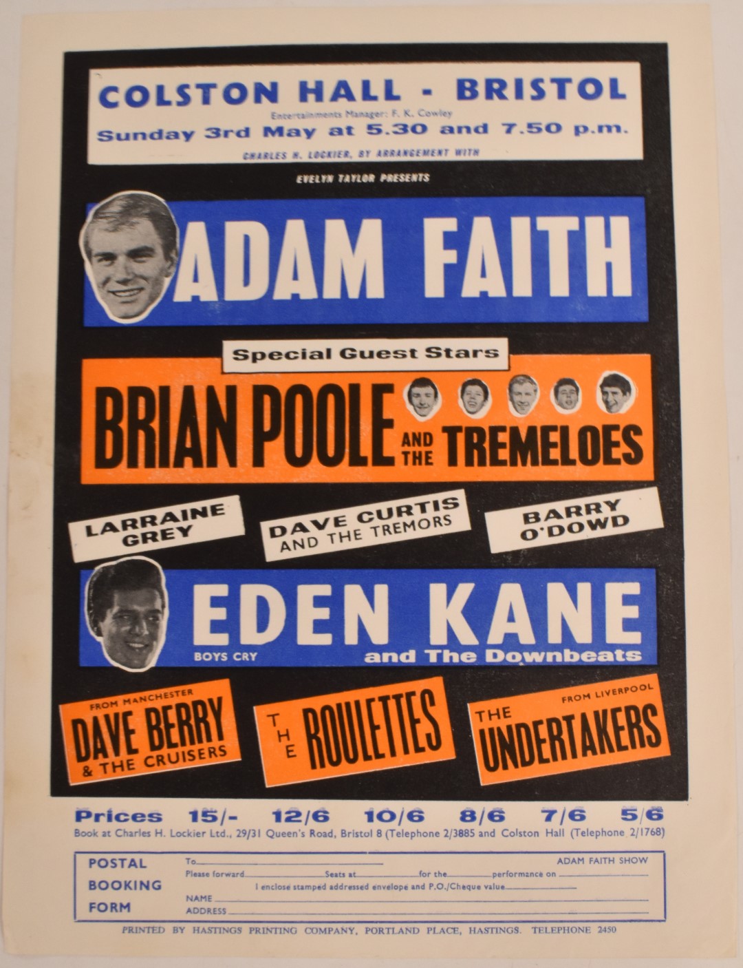 Colston Hall Bristol flyer for 3rd May 1964 advertising a concert featuring Adam Faith, Brian