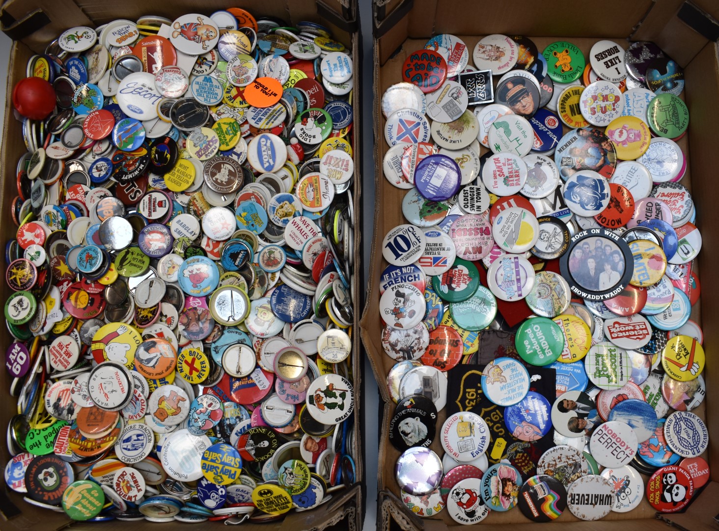 Over 1000 vintage and collectable badges including social history, advertising, humorous, slogans,