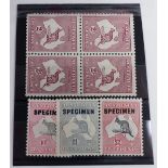 Australia 1931-36, 10s, £1 and £2 mint specimen set of three with 2s brown mint block x 4