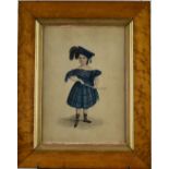 19thC naive watercolour portrait of a child in Scottish dress, holding a sword 30 x 22cm, in