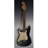 Left handed Squire by Fender Stratocaster electric rhythm guitar in black lacquered finish with