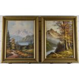 Two oil on canvas mountainous landscapes, one signed G Lowery the other M Hobart, each 37 x 27cm, in