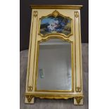 An ornate gilt and painted mirror with Watteau scene above, overall size 155 x 88cm