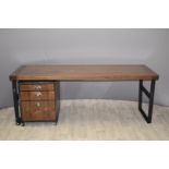 Bespoke industrial style walnut copper topped desk or table with separate drawer pedestal, 200 x