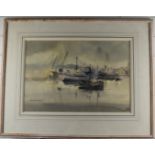 Sybil Mullen Glover RI, ARWA, SMA (1908-1995) watercolour boats, ships and cranes in harbour, 35 x