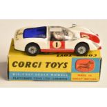 Corgi Toys diecast model Porsche Carrera 6 with white body, red bonnet and doors, blue engine cover,