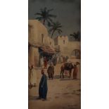Giovanni Barbaro (1864-1915) watercolour Arab street scene with camels being lead through busy
