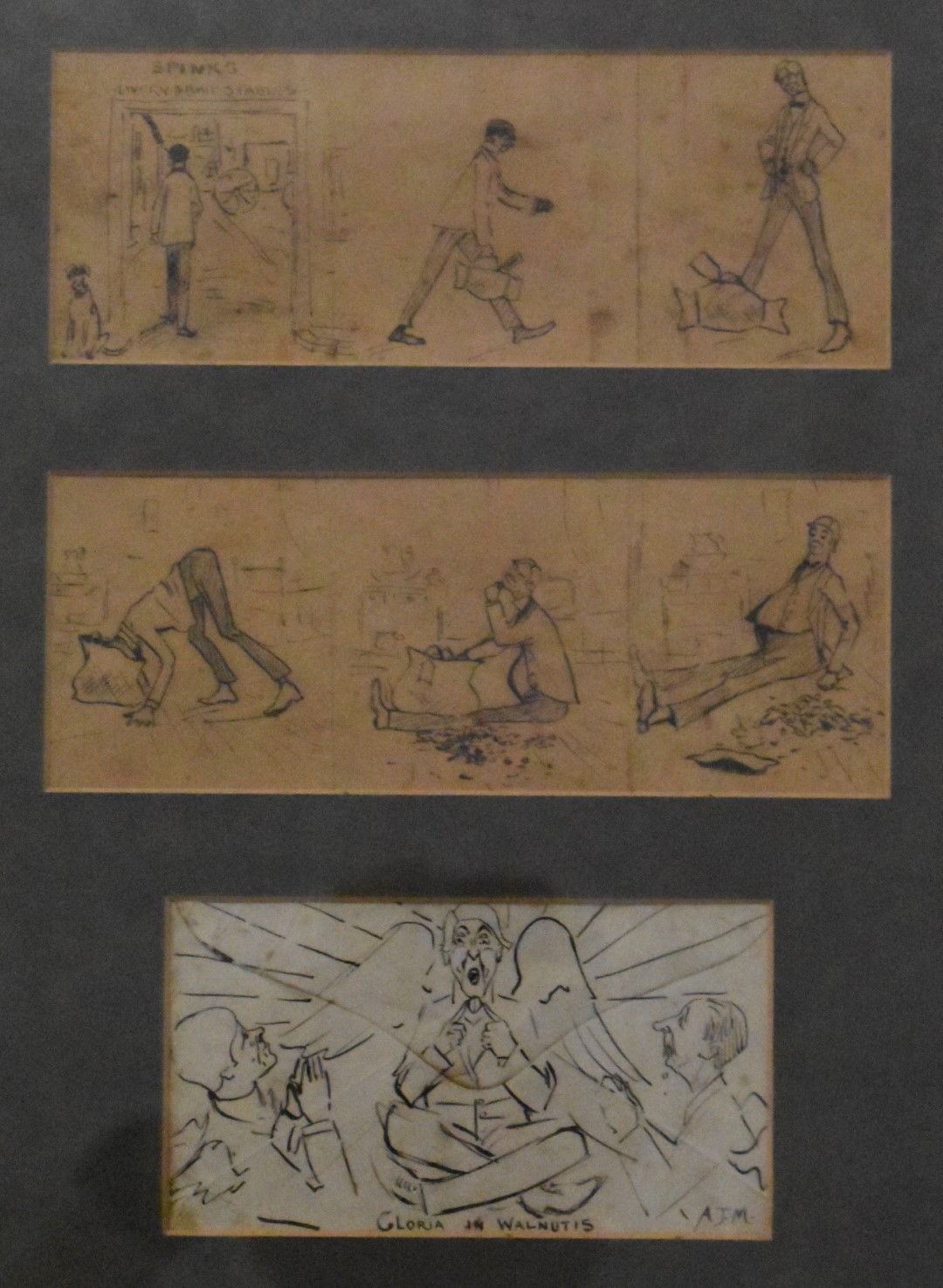 Alfred Munnings framed set of three sketches, the top two forming cartoon type strips, the lower - Image 2 of 5