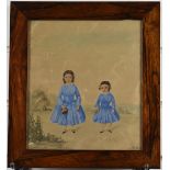 19thC naive watercolour portrait of two girls in blue dresses, 23 x 20cm, in period rosewood frame