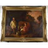 19thC oil on canvas bucolic milking scene, 56 x 76cm, with label verso having indistinct details, in
