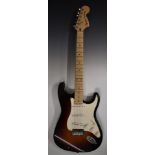 Squire Standard Series Stratocaster electric guitar by Fender in antiqued sunburst finish, in a soft