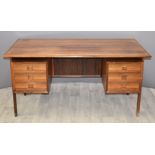 Danish rosewood retro mid-century modern twin pedestal desk, designed by Anne Vodder, with six