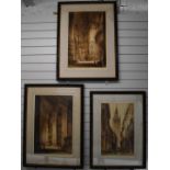 J Alphege Brewer, three etchings, two interior scenes of cathedrals including Seville and Toledo,
