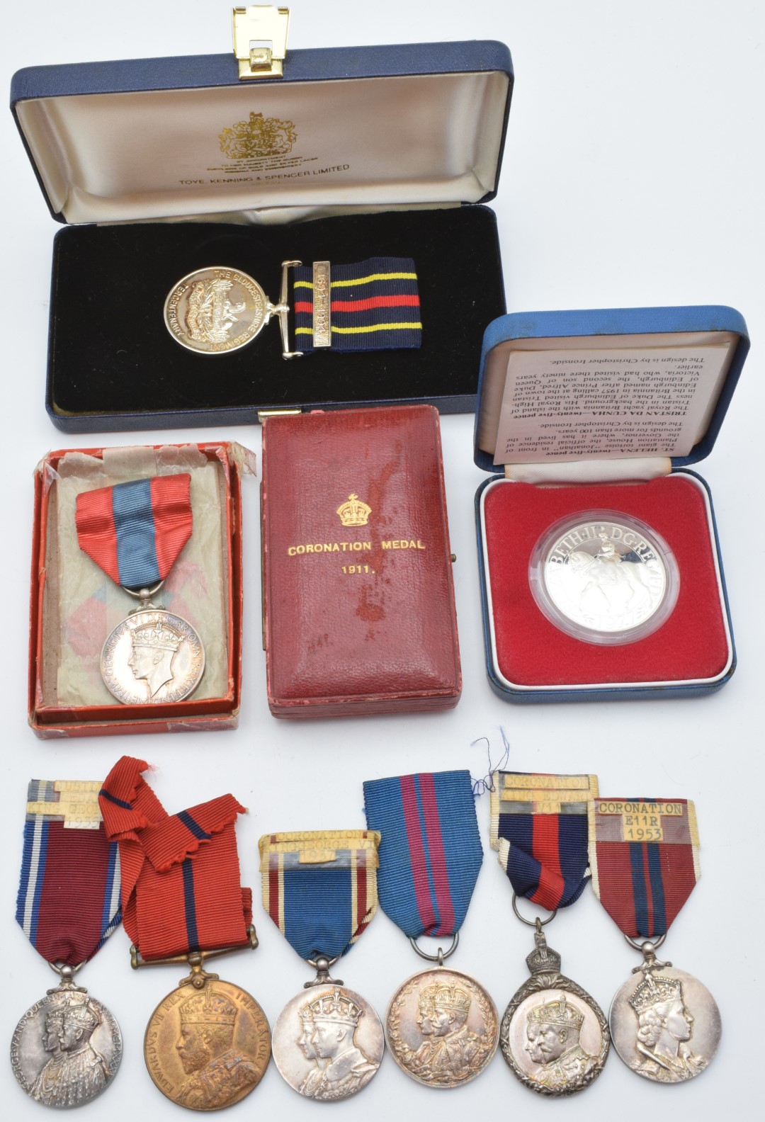 Eight commemorative Jubilee and Coronation medals including 1935 George V Jubilee Medal, 1953