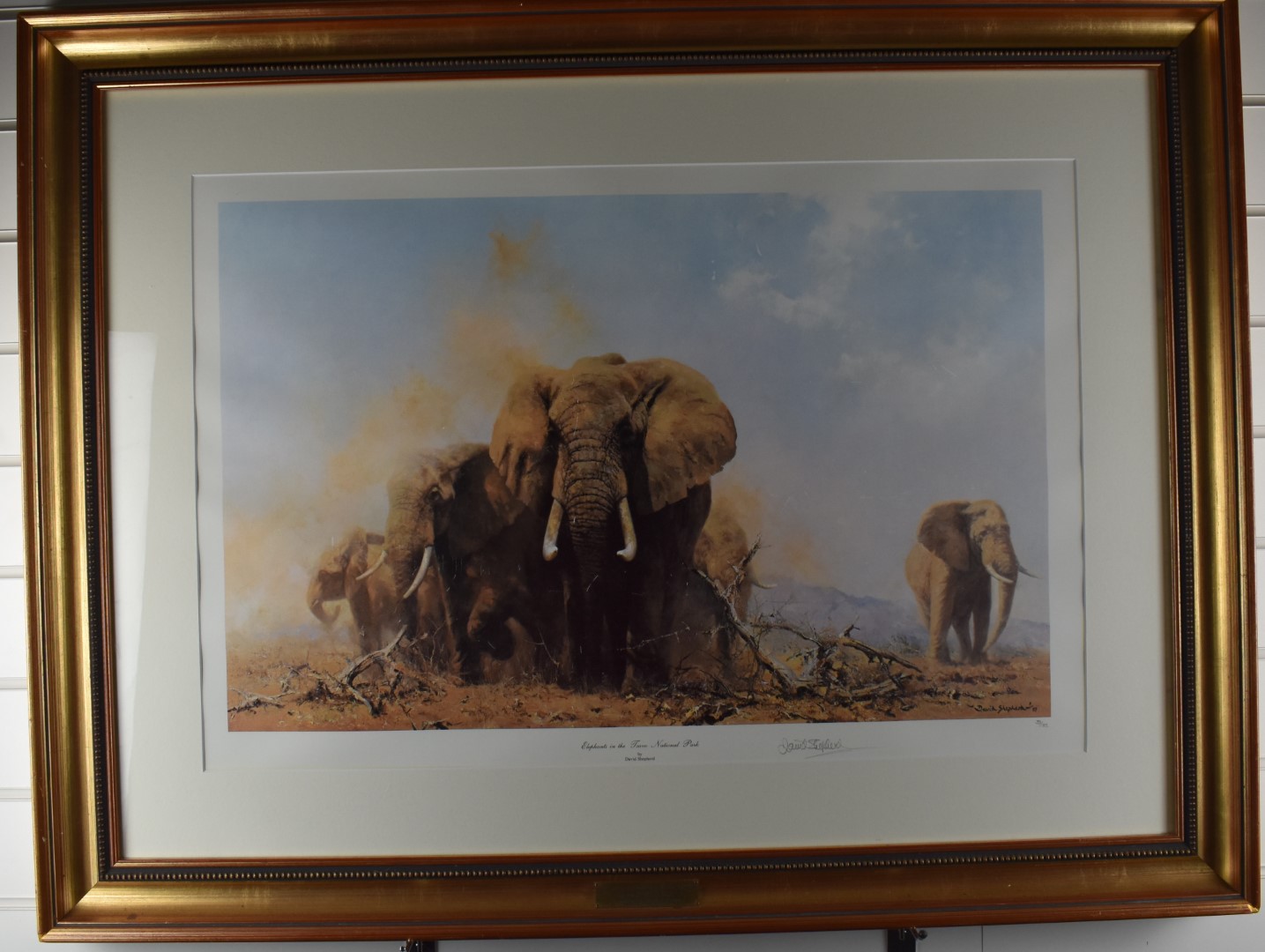 David Shepherd signed limited edition (39/185) print Elephants in the Tsavo National Park, 52 x