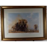 David Shepherd signed limited edition (39/185) print Elephants in the Tsavo National Park, 52 x