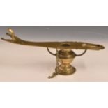 Tibetan / Nepalese brass pedestal oil lamp with engraved decoration, L36 x H16cm, formerly the