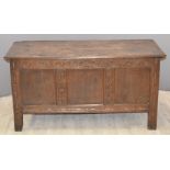 Antique oak coffer with peg joints and carved decoration, W136 x D57 x H70cm