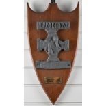 A lead union fire mark (double hand in hand) mounted on a mahogany shield, H27cm