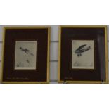 Two Howard Leigh signed etchings of WW1 era aircraft, 14 x 10.5cm, in gilt frames with names of
