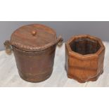 Inlaid oak jardinière and coopered pail, height of tallest 33cm