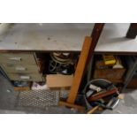 Industrial style workbench and contents including Record G clamps and a large quantity of workshop