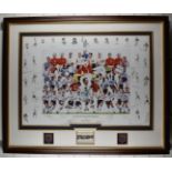 Multi-signed print 'English Legends of Football' by Robert Highton, no.200/500, 22 signatures in