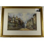 H Montague 19thC watercolour Rouen busy continental street scene with cathedral beyond, signed lower