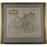 Robert Morden antique coloured map of Surrey, 36 x 43cm, in gilt frame