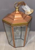 Hexagonal copper and brass lamp with bevelled glass panels, H36cm