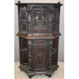 Victorian carved oak court cupboard, W120 x D40 x H172cm
