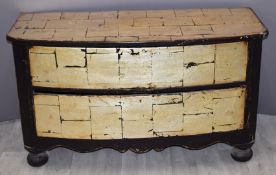 A bow fronted chest of two drawers with distressed decoration, W118 x D50 x H69cm