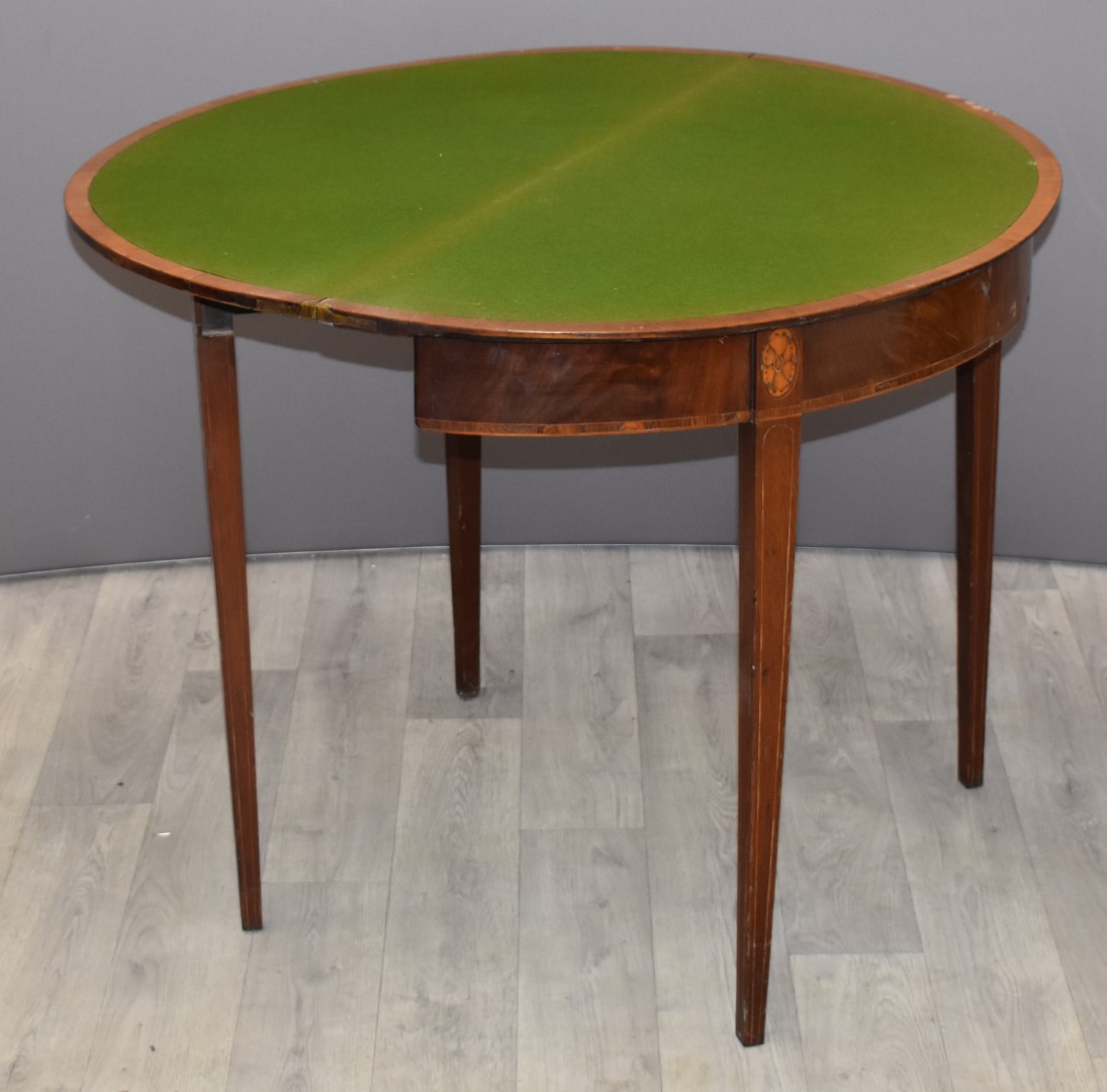 19thC mahogany fold over card table with crossbanded decoration, W90 x D45 x H70cm - Image 2 of 3
