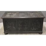 19thC carved oak trunk or coffer raised on bun feet, W132 x D61 x H60cm