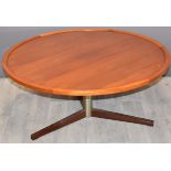 Retro circular teak table with metal support and tri-form base, D100 x H42cm