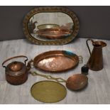 Eastern copper, brass and white metal mirror, 56 x 41cm, twin handled copper tray, kettle, jugs etc
