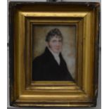 19thC portrait miniature on ivory of a gentleman in period period dress, 8.5 x 6.5cm, in moulded