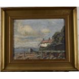 Early 20thC impressionist oil on board coastal landscape with beached boat by a cottage, possibly