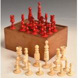 A 19thC stained ivory chess set, height of king 9.2cm