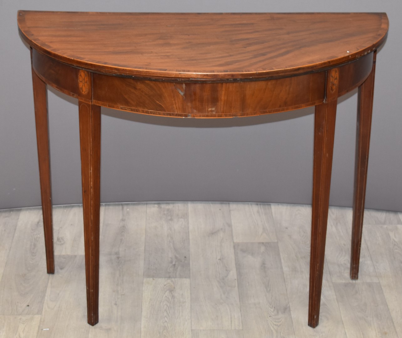 19thC mahogany fold over card table with crossbanded decoration, W90 x D45 x H70cm - Image 3 of 3