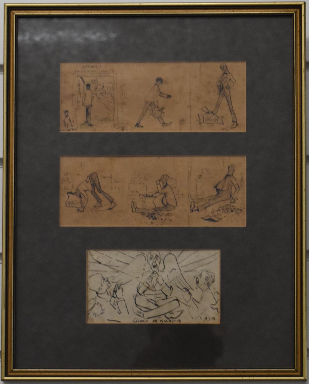 Alfred Munnings framed set of three sketches, the top two forming cartoon type strips, the lower