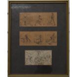 Alfred Munnings framed set of three sketches, the top two forming cartoon type strips, the lower