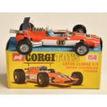 Corgi Toys diecast model Lotus Climax F/1 with two-tone orange and white body and racing number 8