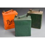Three vintage two gallon petrol cans, comprising two Pratts both dated 1927 to base and an Anglo's