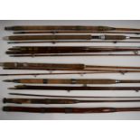 Collection of vintage cane/split cane fishing rods including Hardy, Sealey Octopus and Harry