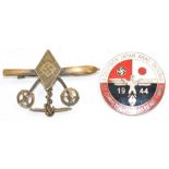 Two German Third Reich Nazi Hitler Youth badges, comprising ski/winter sports with ski poles and ice