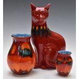 Poole Pottery cat and two vases, tallest 29cm