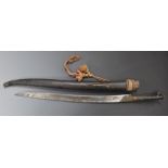 Persian short sword with part decorated 48cm blade, scabbard and knot. PLEASE NOTE ALL BLADED