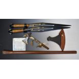 Two display swords, both with 50cm blades, replica throwing axe with cover and a 'Season of the